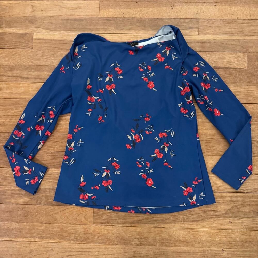 Ann Taylor Floral Stretch Blouse Long Sleeve Blue Red Slinky Knit Top Sz LP
b71